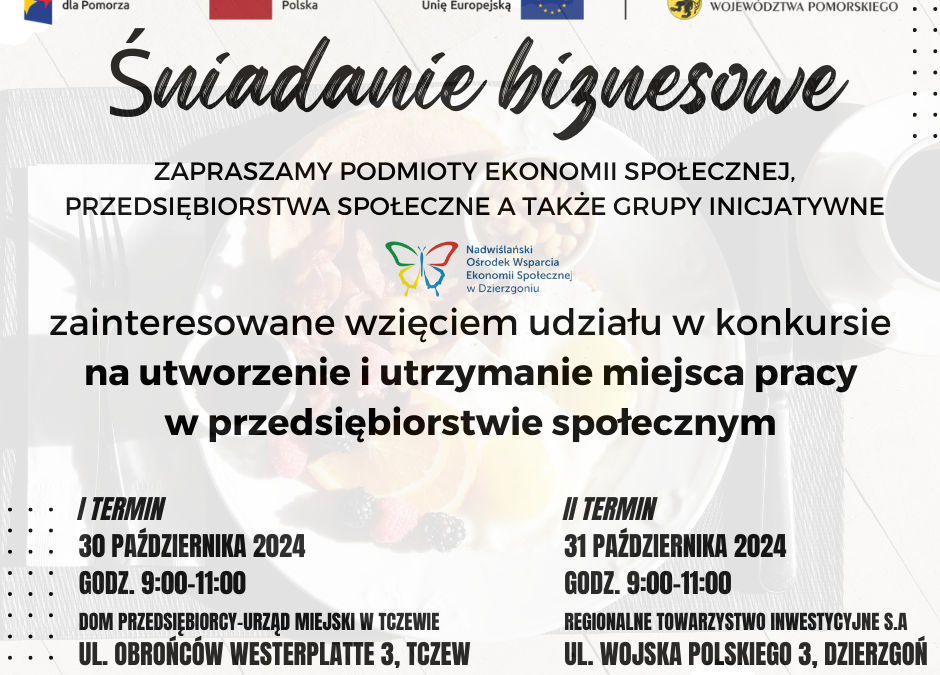 Śniadanie biznesowe- dot. konkursu na utworzenie i utrzymanie miejsca pracy w przedsiębiorstwie społecznym